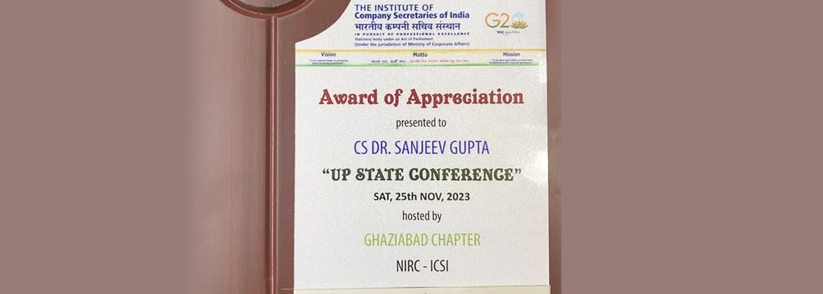 Award of Appreciation from ICSI